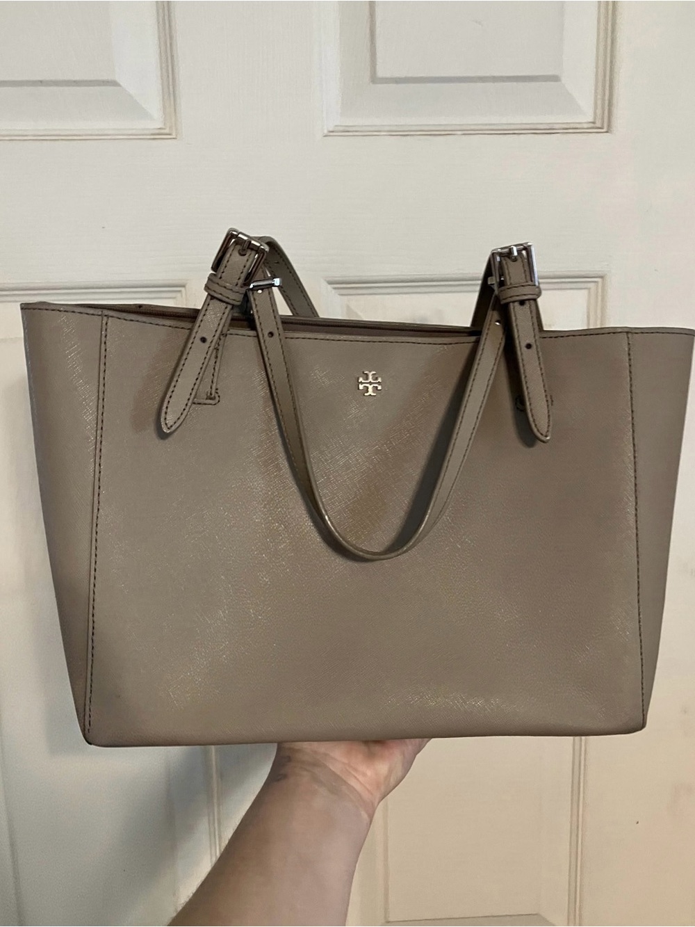 Tory Burch Saffiano Leather Tote Taupe York Buckle Gray Shoulder Bag
